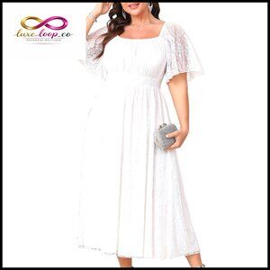 Plus Size Lace Formal Maxi Dress Square Neck Short Sleeve A-Line Wedding Guest